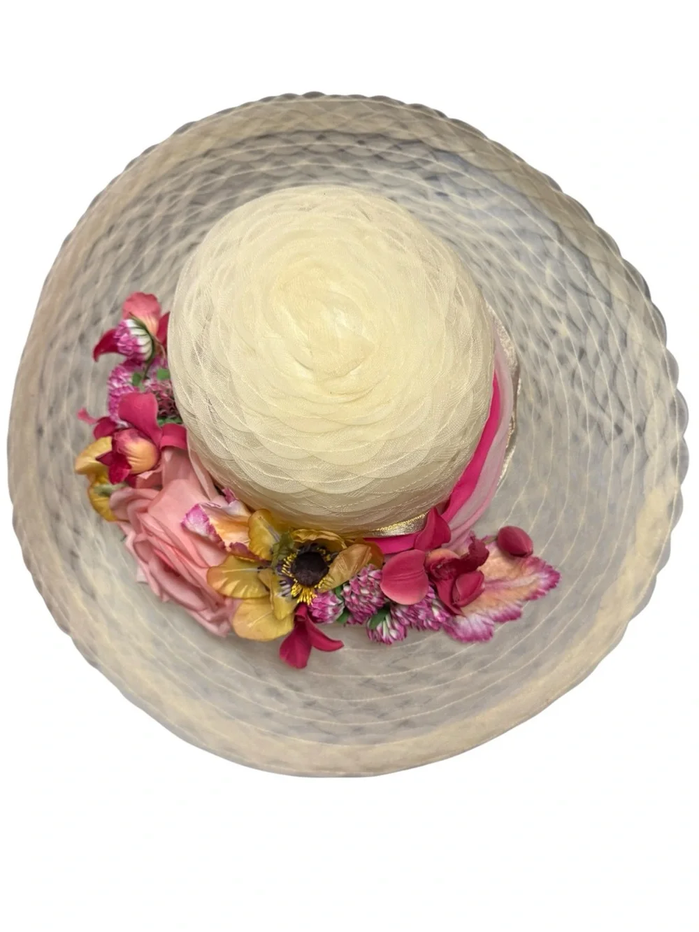 NWT Eric Javits Cream Wide-Brim Straw Hat with Pink Yellow Floral 17” - Picture 6 of 13
